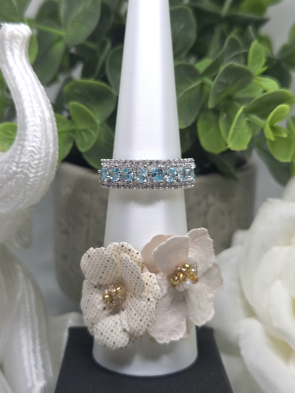 BP Silver Band Ring with Blue Topaz Accent Stones